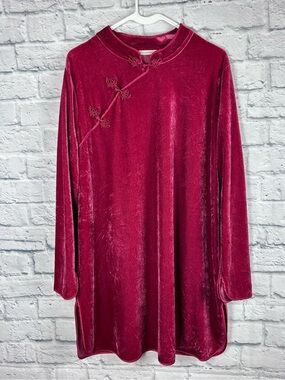 Soft Surroundings XL Velvet Tunic Top Red Mandarin Collar Side Slits